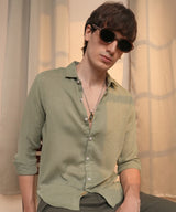 Men's Sage Green Woven-Textured Shirt