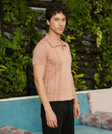 Men's Tan Brown Block-Textured Polo Tshirt