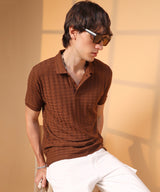 Men's Coffee Brown Houndstooth-Textured Polo Tshirt