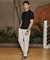Campus Sutra Men's Obsidian Black Stripe-Textured Polo Tshirt