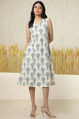 Women's Beige Cotton Slub Ethnic Motifs Dress