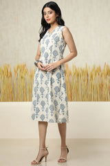 Women's Beige Cotton Slub Ethnic Motifs Dress