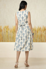 Women's Beige Cotton Slub Ethnic Motifs Dress