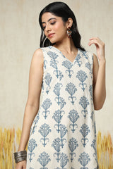 Women's Beige Cotton Slub Ethnic Motifs Dress