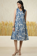 Women's Beige Cotton Slub Floral Print Dress
