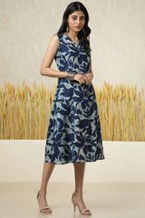 Women's Indigo Cotton Slub Abstract Print Dress