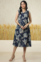 Women's Indigo Cotton Slub Floral Print Dress