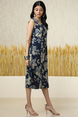Women's Indigo Cotton Slub Floral Print Dress