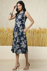 Women's Indigo Cotton Slub Floral Print Dress