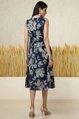 Women's Indigo Cotton Slub Floral Print Dress