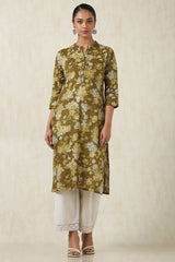 Women's Olive Cotton Botanical Kurta