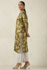 Women's Olive Cotton Botanical Kurta