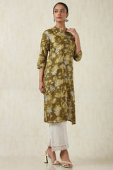 Women's Olive Cotton Botanical Kurta