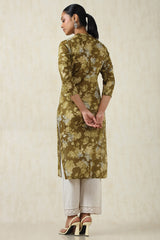 Women's Olive Cotton Botanical Kurta