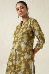Women's Olive Cotton Botanical Kurta