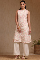 Women's Peach Linen Ikat Print Kurta With Tassels