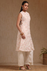Women's Peach Linen Ikat Print Kurta With Tassels