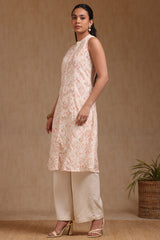 Women's Peach Linen Ikat Print Kurta With Tassels