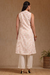 Women's Peach Linen Ikat Print Kurta With Tassels