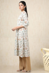 Women's Beige Linen Botanical Print Kurta