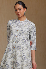 Women's Grey Linen Blend Botanical Print Kurta