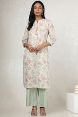 Women's Beige Linen Floral Print Kurta