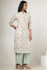 Women's Beige Linen Floral Print Kurta