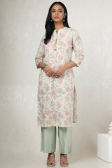 Women's Beige Linen Floral Print Kurta