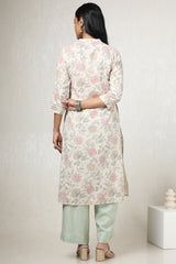 Women's Beige Linen Floral Print Kurta