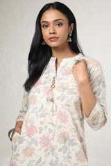 Women's Beige Linen Floral Print Kurta