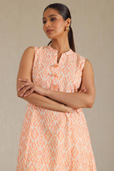 Women's Orange Linen Ikat Print Kurta With Tassels
