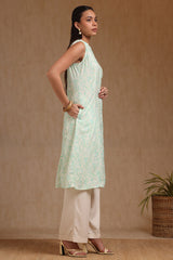 Women's Green Linen Ikat Print Kurta With Tassels