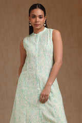 Women's Green Linen Ikat Print Kurta With Tassels