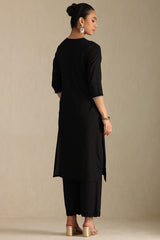Women's Black Rayon Floral Print Kurta With Thread Work