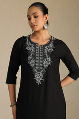 Women's Black Rayon Floral Print Kurta With Thread Work
