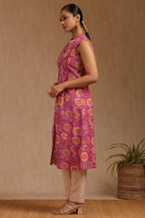 Women's Fuchsia Cotton Floral Print Kurta
