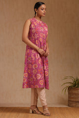Women's Fuchsia Cotton Floral Print Kurta