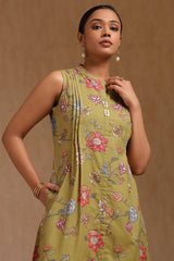 Women's Olive Cotton Flex Floral Print Kurta