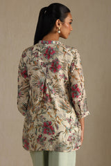 Women's Beige Silk Blend Floral Print Tunic