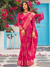 Women's Muga Silk Pink Printed Designer Saree With Blouse Piece