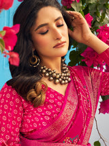 Women's Muga Silk Pink Printed Designer Saree With Blouse Piece