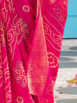 Women's Muga Silk Pink Printed Designer Saree With Blouse Piece