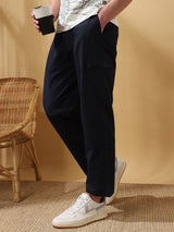 Men's Navy Casual Straight Fit Solid Trousers