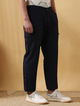 Men's Navy Casual Straight Fit Solid Trousers