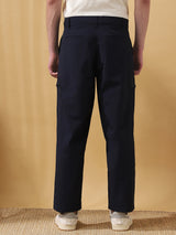 Men's Navy Casual Straight Fit Solid Trousers