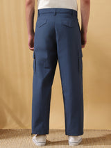 Men's Blue Casual Straight Fit Solid Trousers