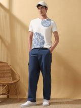 Men's Blue Casual Straight Fit Solid Trousers