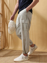 Men's Beige Casual Straight Fit Solid Trousers