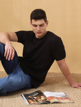 Men's Black Casual Regular Fit Half Sleeves Solid Tshirt