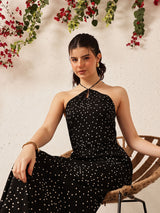 Women's Polka Dot Printed Halter Neck A-Line Maxi Dress